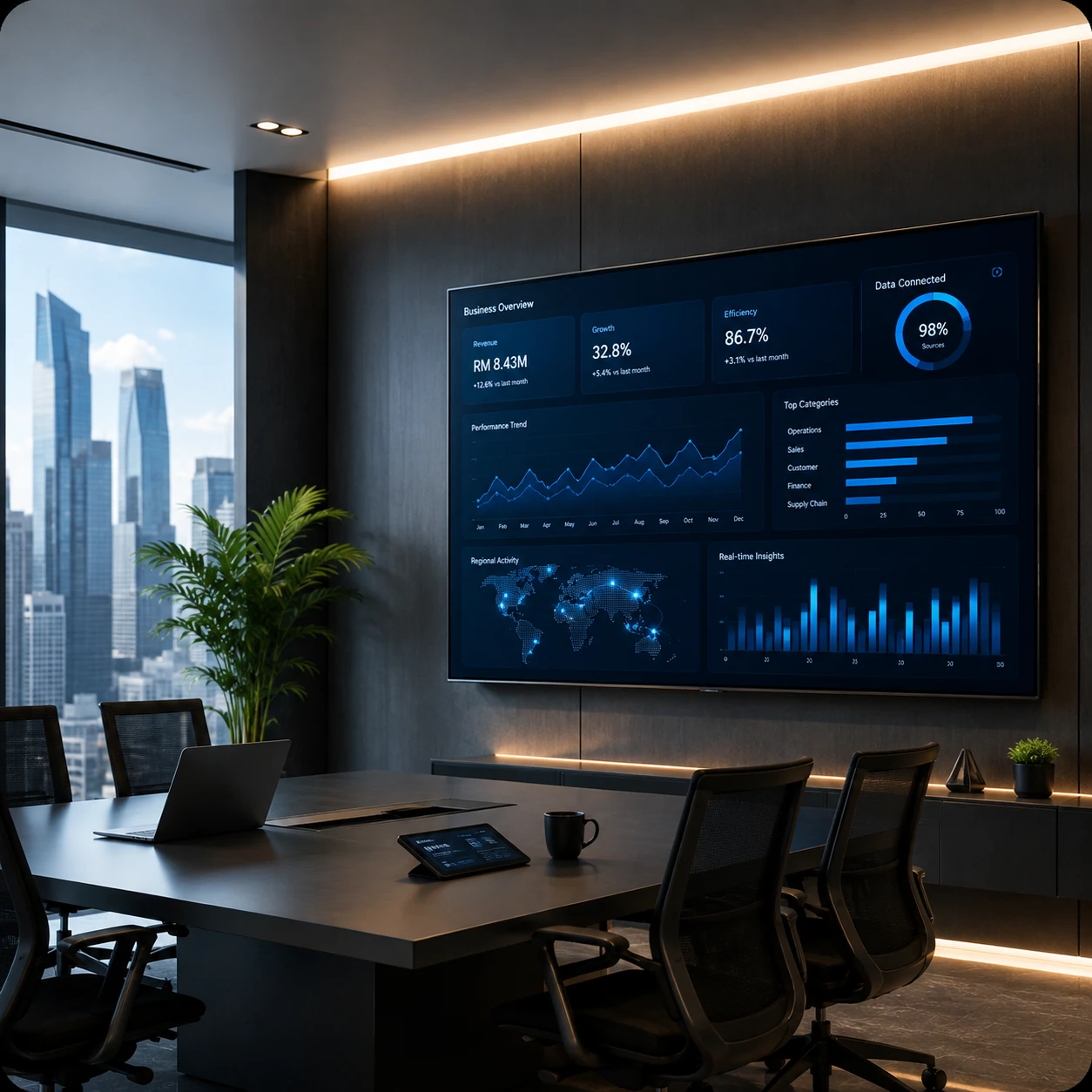 Modern executive meeting room with advanced analytics displays representing AI-driven business decision making