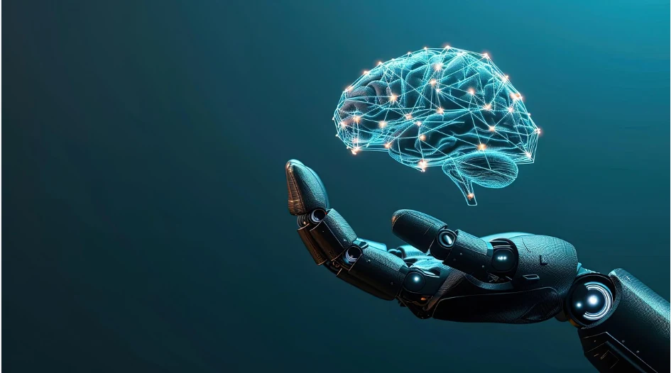 Robotic hand supporting a connected digital brain representing artificial intelligence
